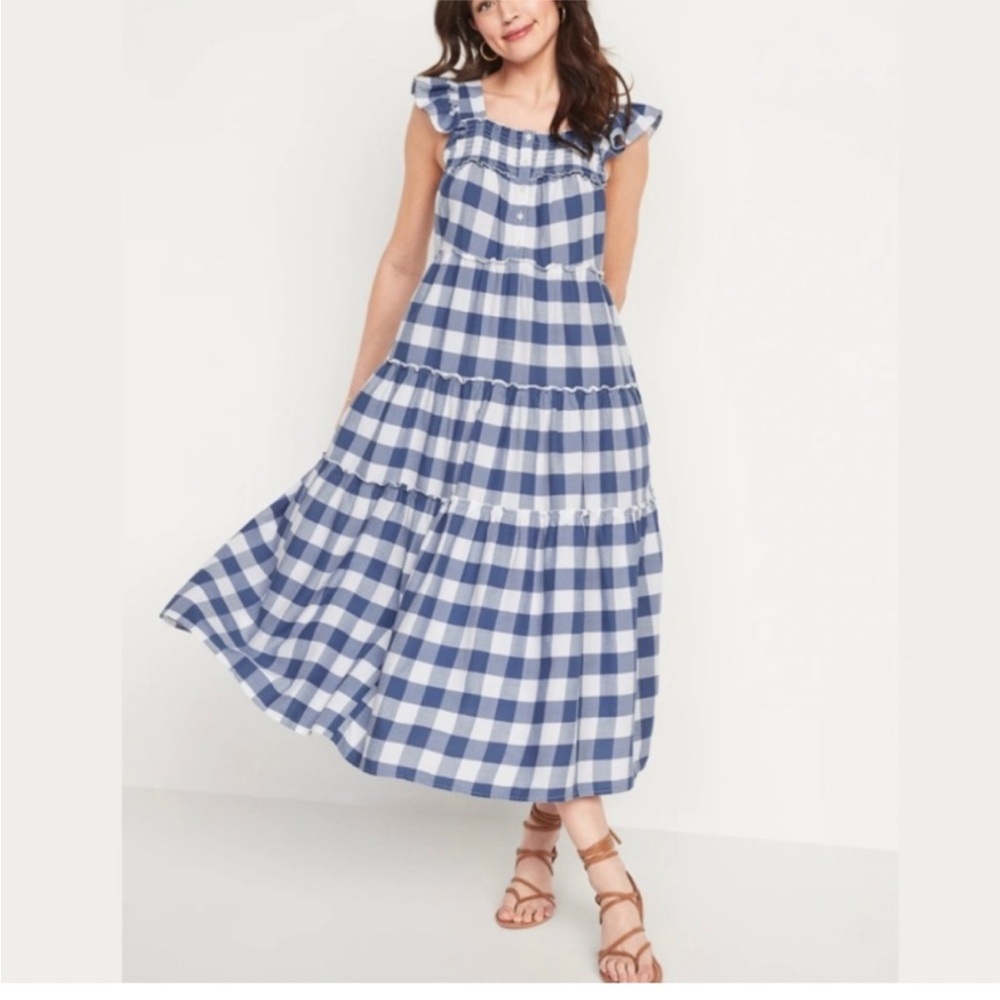 Old Navy Women’s Blue flutter Sleeve Gingham Midi Dress